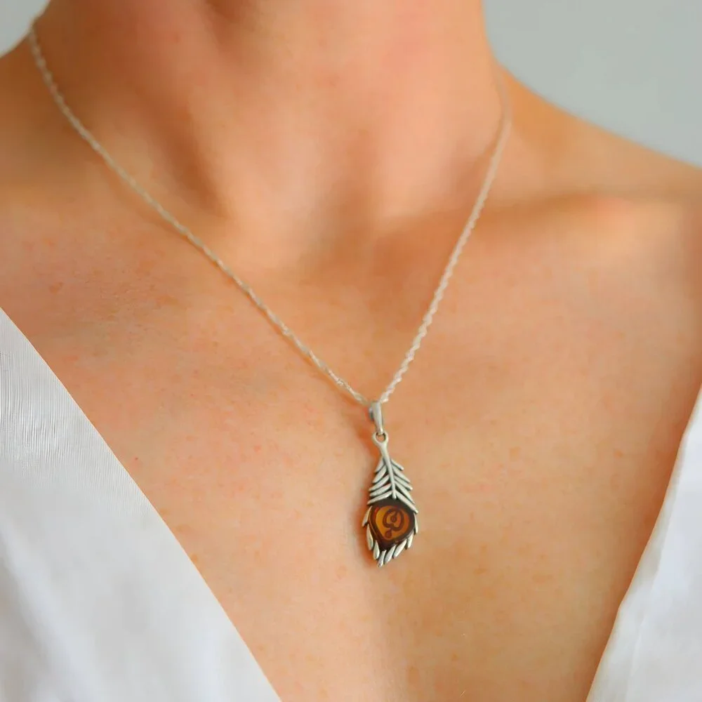 Silver Feather Pendant -Baltic Amber Necklace -s925